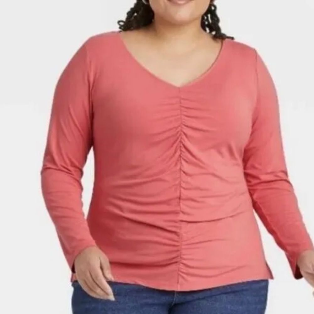 Ava Viv women’s coral orange ruched front v-neck long sleeve stretch top sz 1X